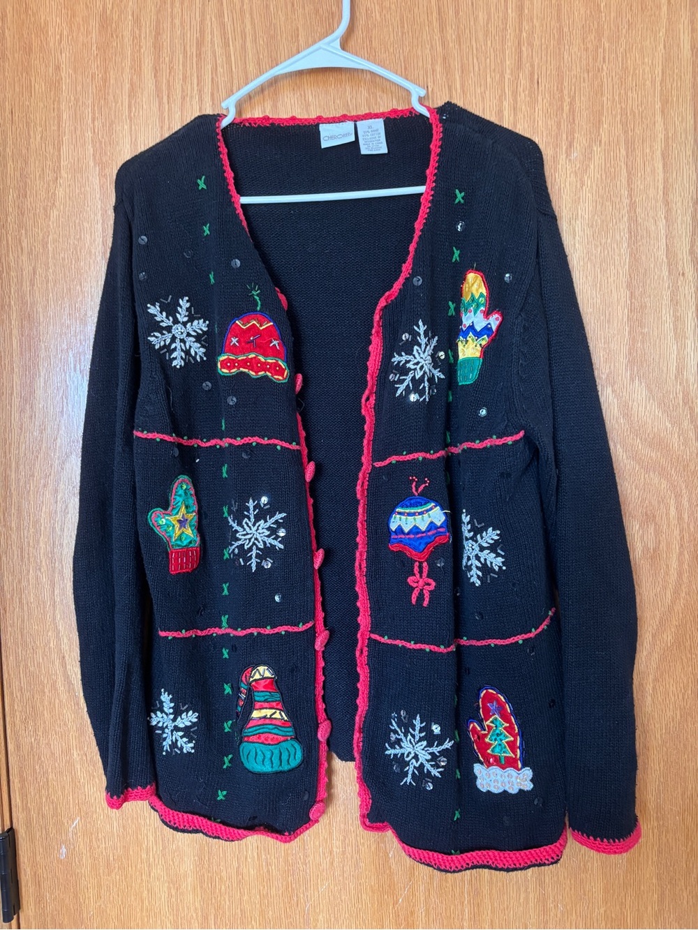 Cherokee Black Holiday Cardigan with Red Trim and Multicolor Appliqués